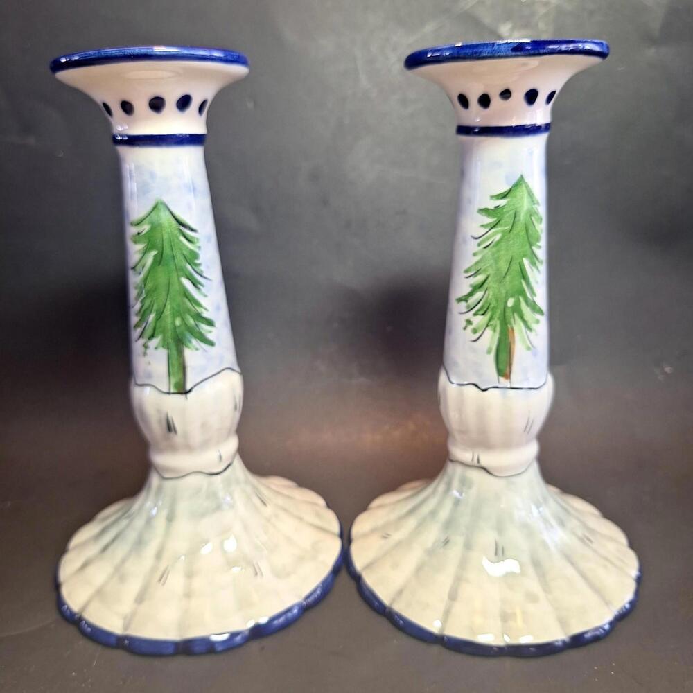 VTG Pair of Hand Painted Ceramic Taper Candlestick Holders from Portugal A17 187